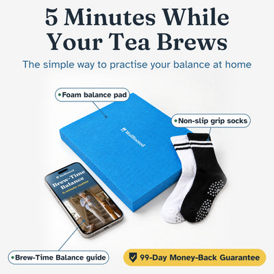 Wellfooted Balance System: foam balance pad, non-slip grip socks and Brew-Time Balance guide